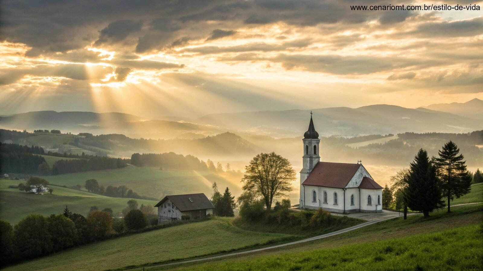 Paisagem com igreja ao amanhecer simbolizando fé renovada e esperança