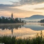 Paisagem serena com um amanhecer suave, uma igreja tranquila ao fundo, um lago calmo refletindo o céu e luz suave iluminando os arredores, simbolizando um momento de oração e reflexão.