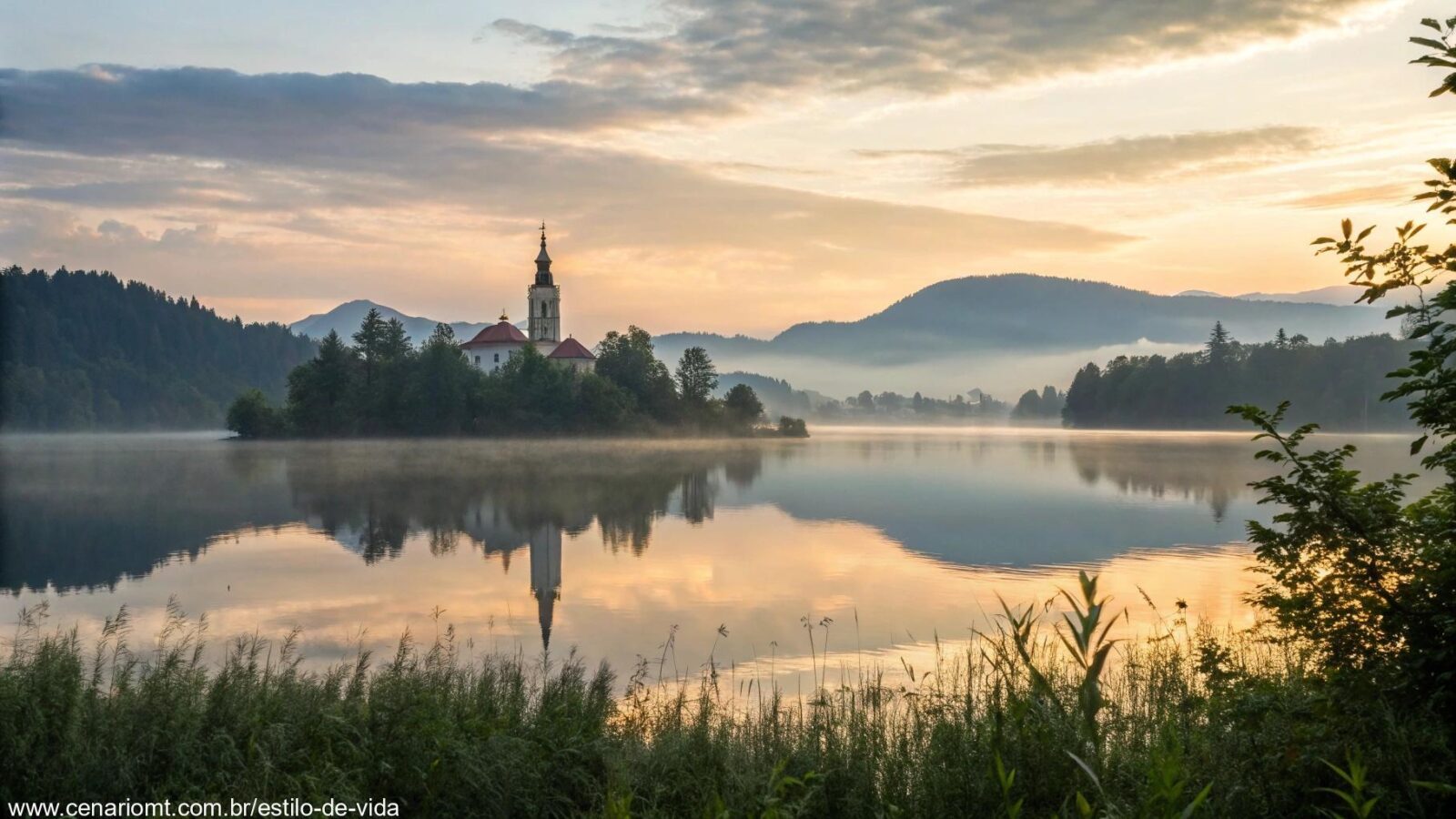 Paisagem serena com um amanhecer suave, uma igreja tranquila ao fundo, um lago calmo refletindo o céu e luz suave iluminando os arredores, simbolizando um momento de oração e reflexão.