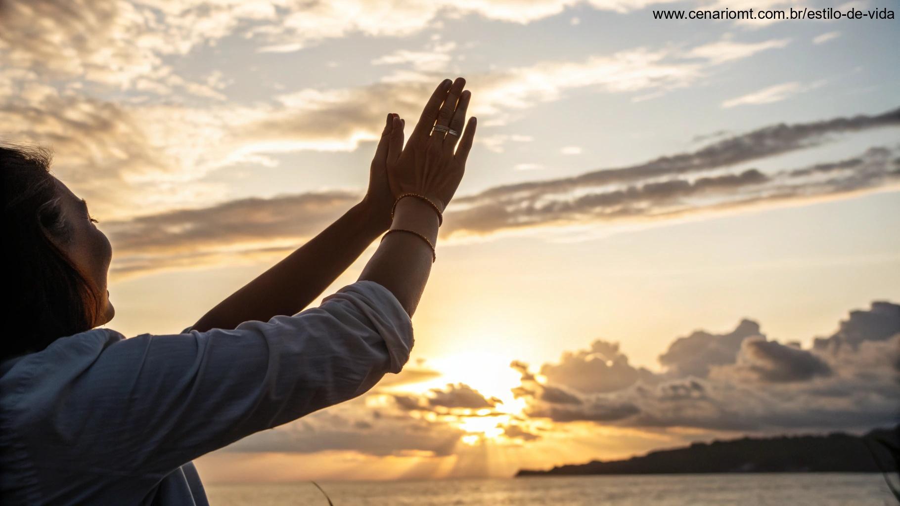 Mãos erguidas ao céu ao pôr do sol simbolizando oração e gratidão