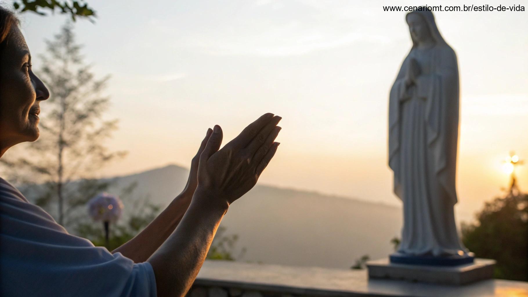 Cena tranquila representando um momento de oração, com um santo ao fundo e luz suave.