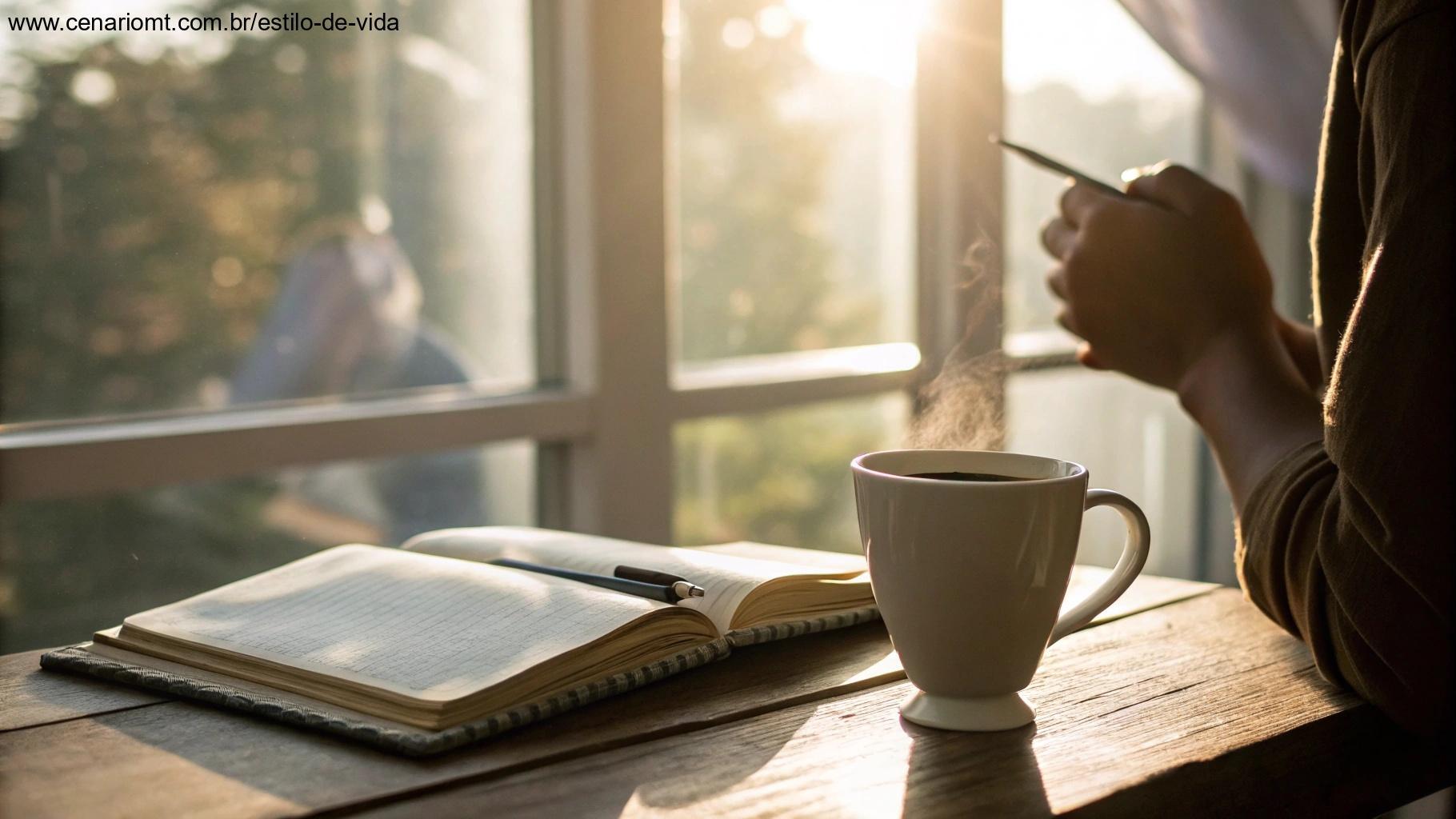 Rotina matinal com café, Bíblia e anotações à luz do sol