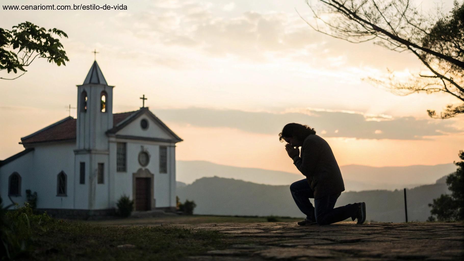 Cena tranquila ao ar livre, com uma igreja ao fundo, onde uma pessoa ora tranquilamente sob o céu aberto, simbolizando a fé cristã e reflexão.
