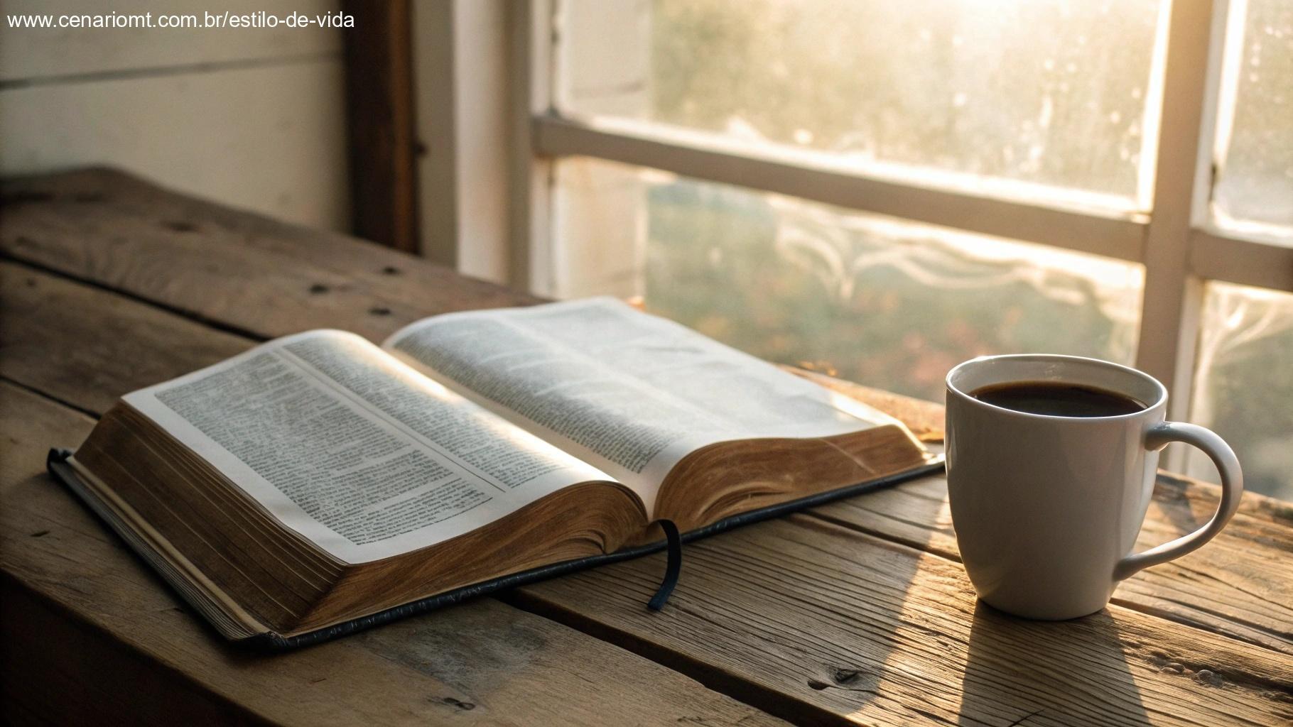 Bíblia aberta em uma mesa rústica com uma xícara de café, luz matinal aconchegante