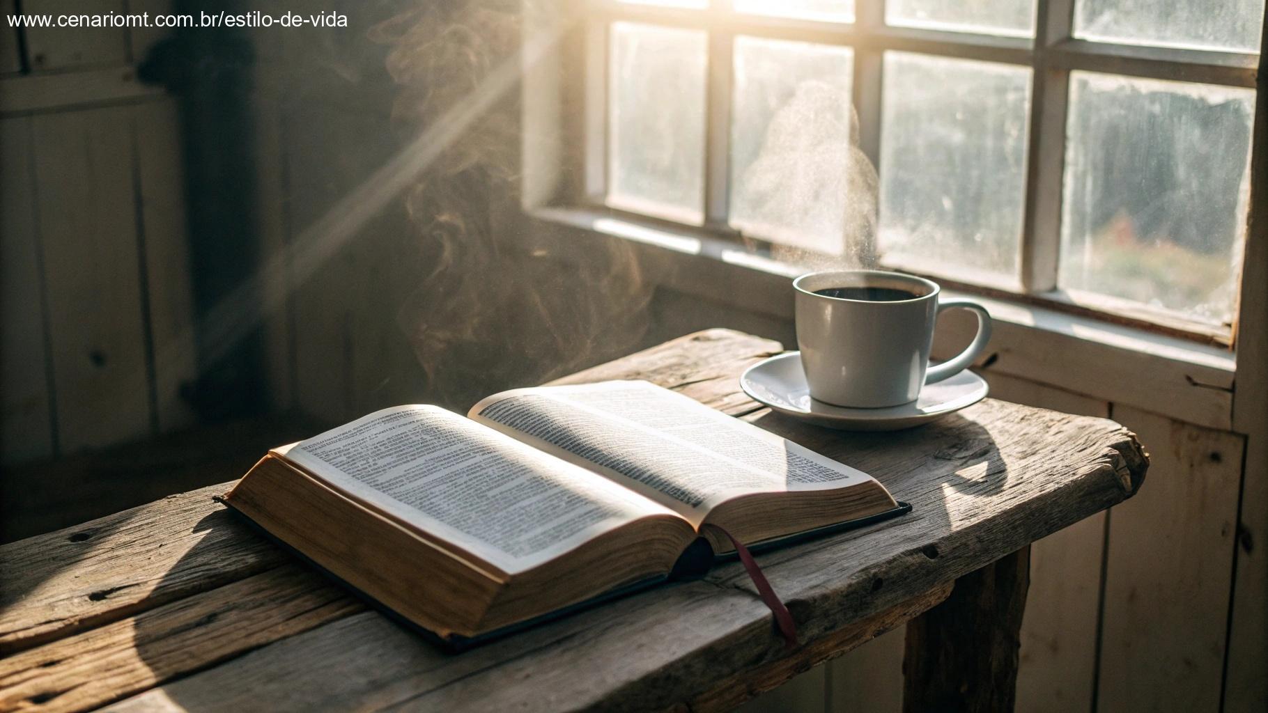 Bíblia aberta em uma mesa rústica com uma xícara de café, luz da manhã entrando pela janela