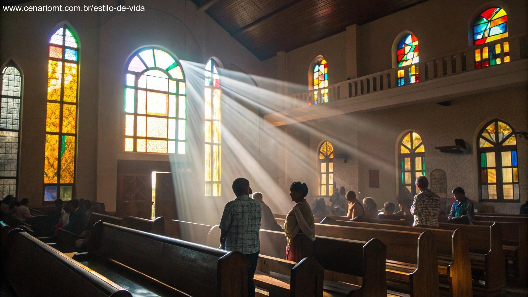 Igreja evangélica com fiéis em oração e luz entrando pelos vitrais