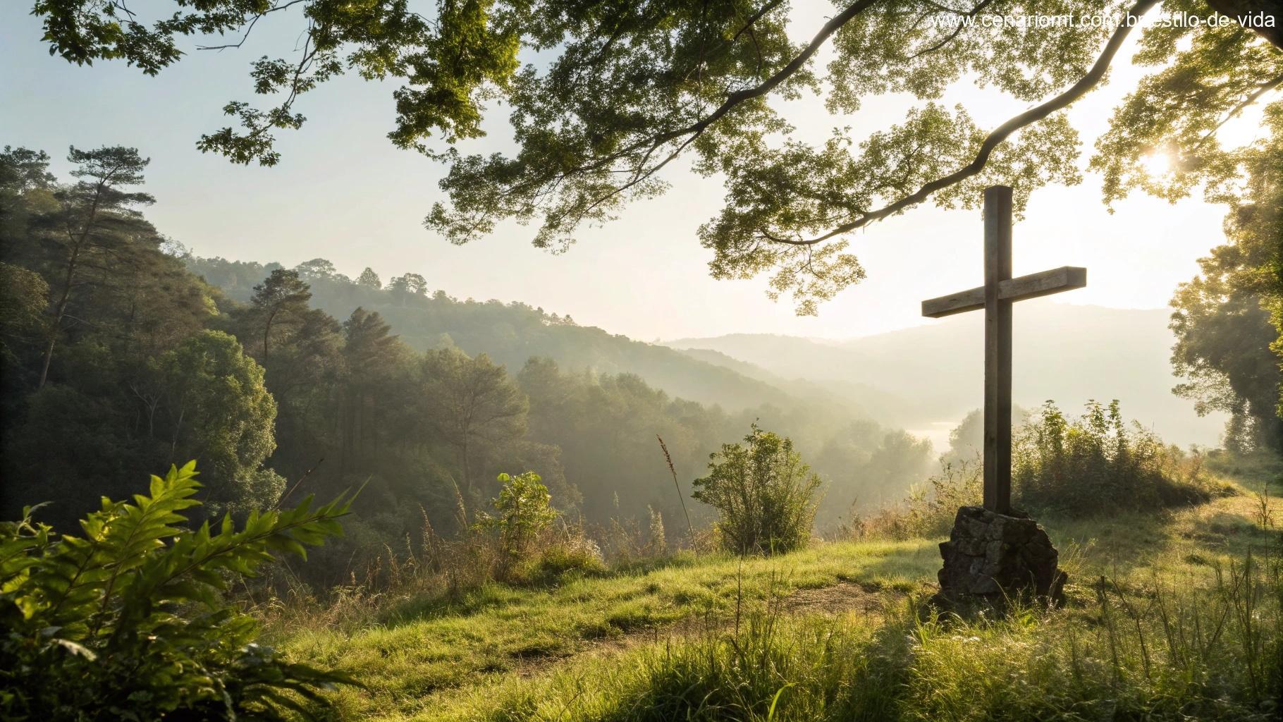 Cena tranquila ao ar livre com uma simples cruz de madeira, rodeada por vegetação exuberante e luz suave e quente, simbolizando um momento de oração e reflexão evangélica.