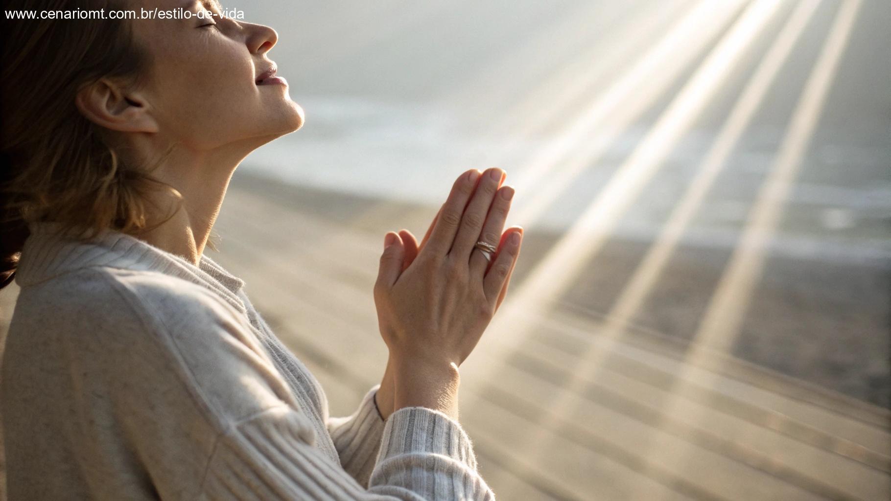 Mãos postas com raios de luz vindo de cima, foco suave