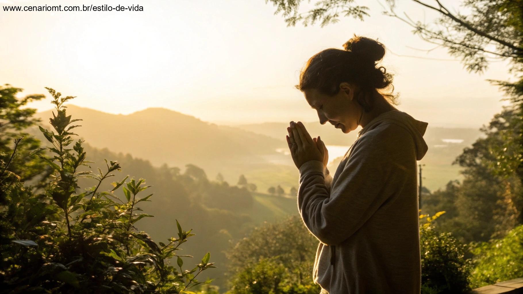 Pessoa orando ao ar livre ao nascer do sol, em um ambiente calmo e abençoado