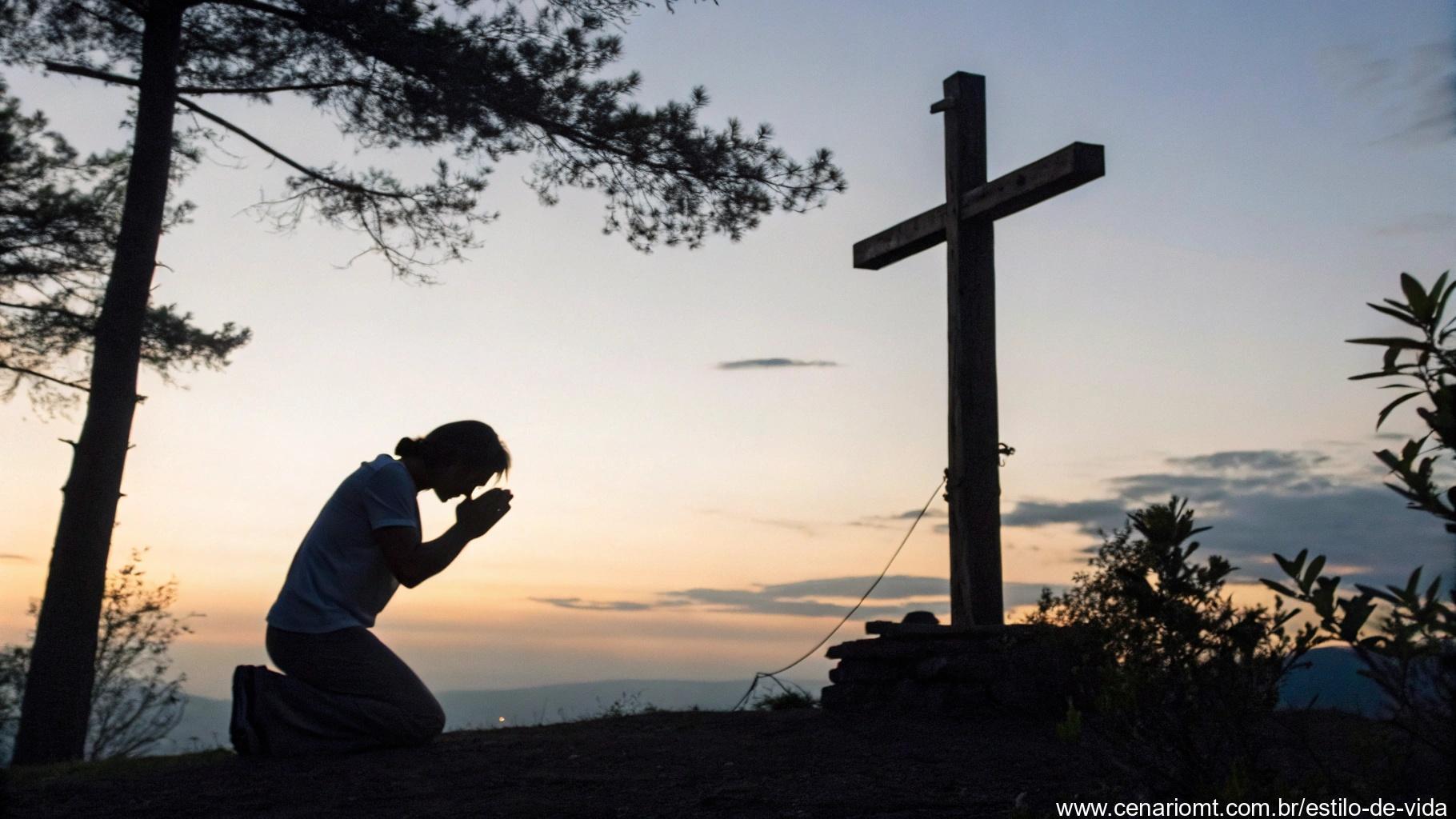 Pessoa orando diante de uma cruz de madeira ao entardecer