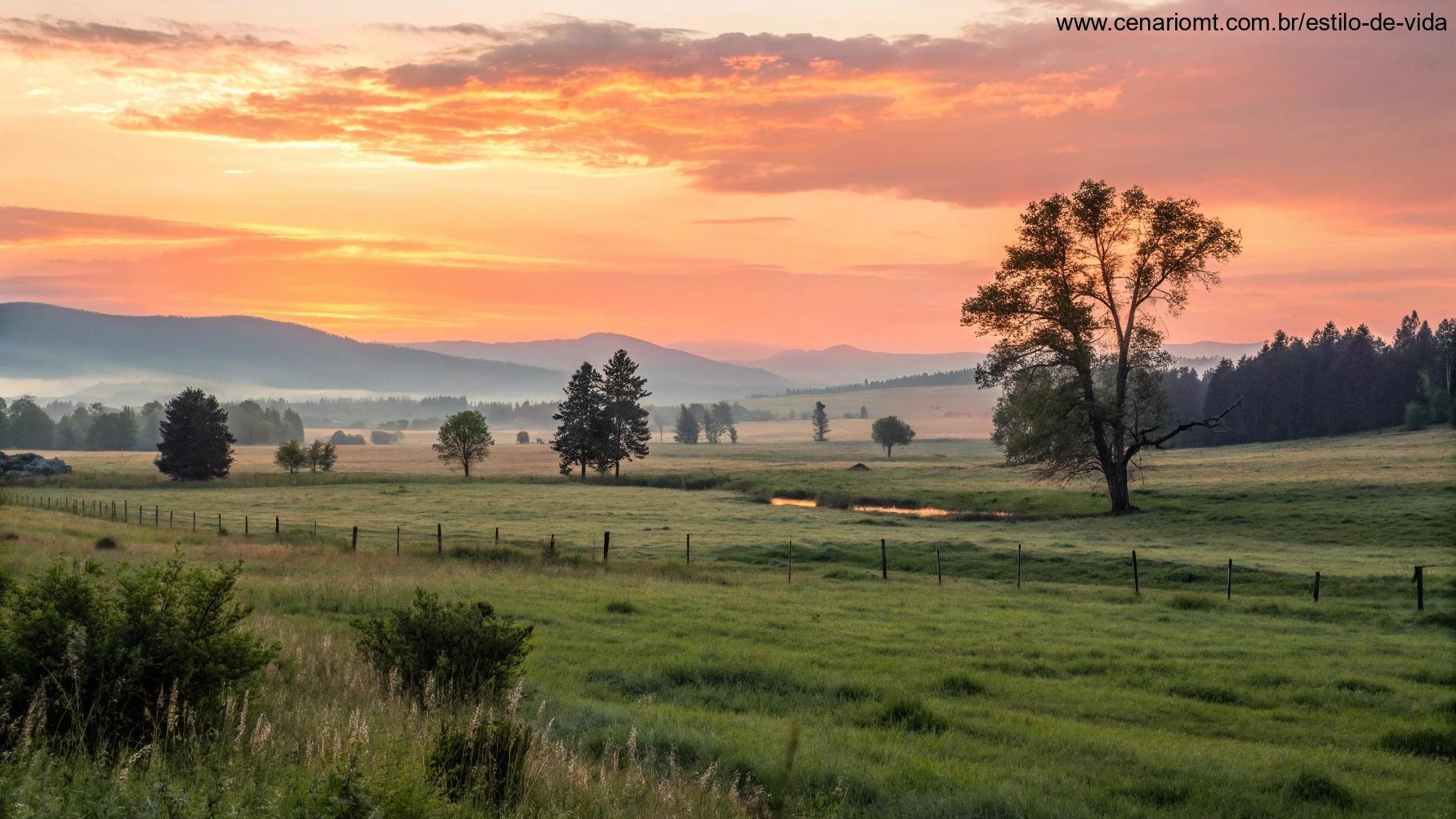 Campo tranquilo com um pôr do sol brilhante, representando um momento de oração e conexão com Deus para evangélicos, com luz suave e ambiente calmo.