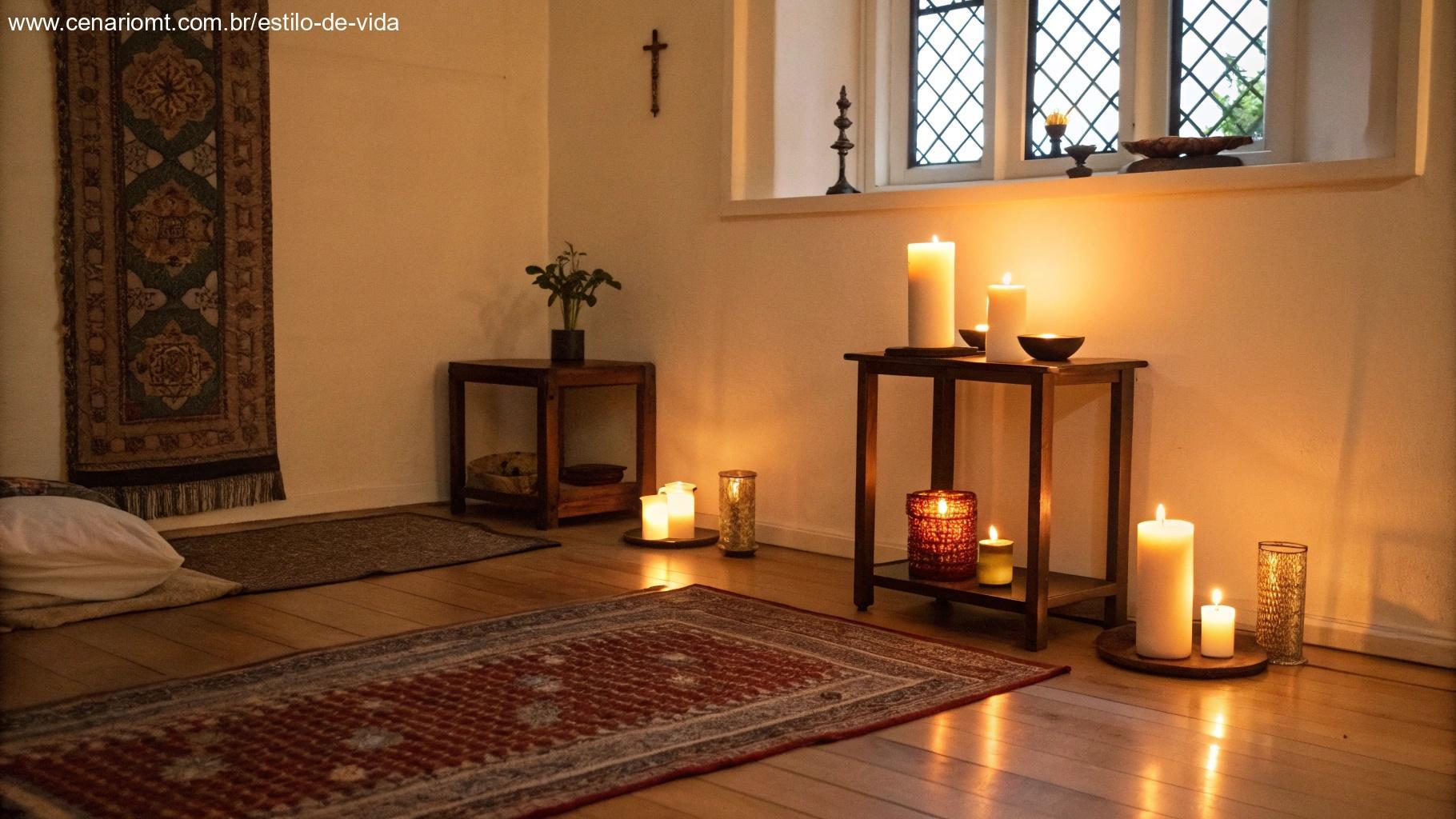 Um cantinho de oração iluminado por velas, simbolizando um momento tranquilo de oração e reflexão para o dia que está por vir.