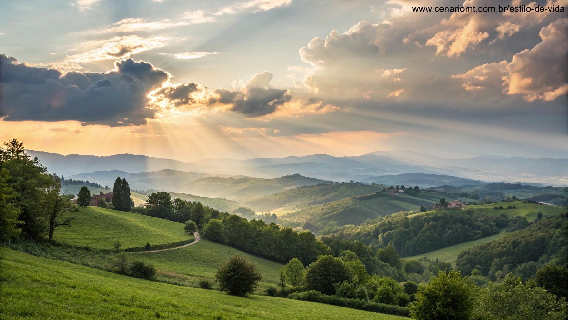 Paisagem serena com luz suave quebrando as nuvens, simbolizando esperança e oração.