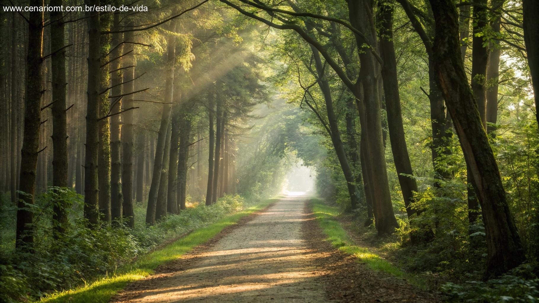 Cena tranquila de um caminho pela floresta, com a luz filtrando pelas árvores.