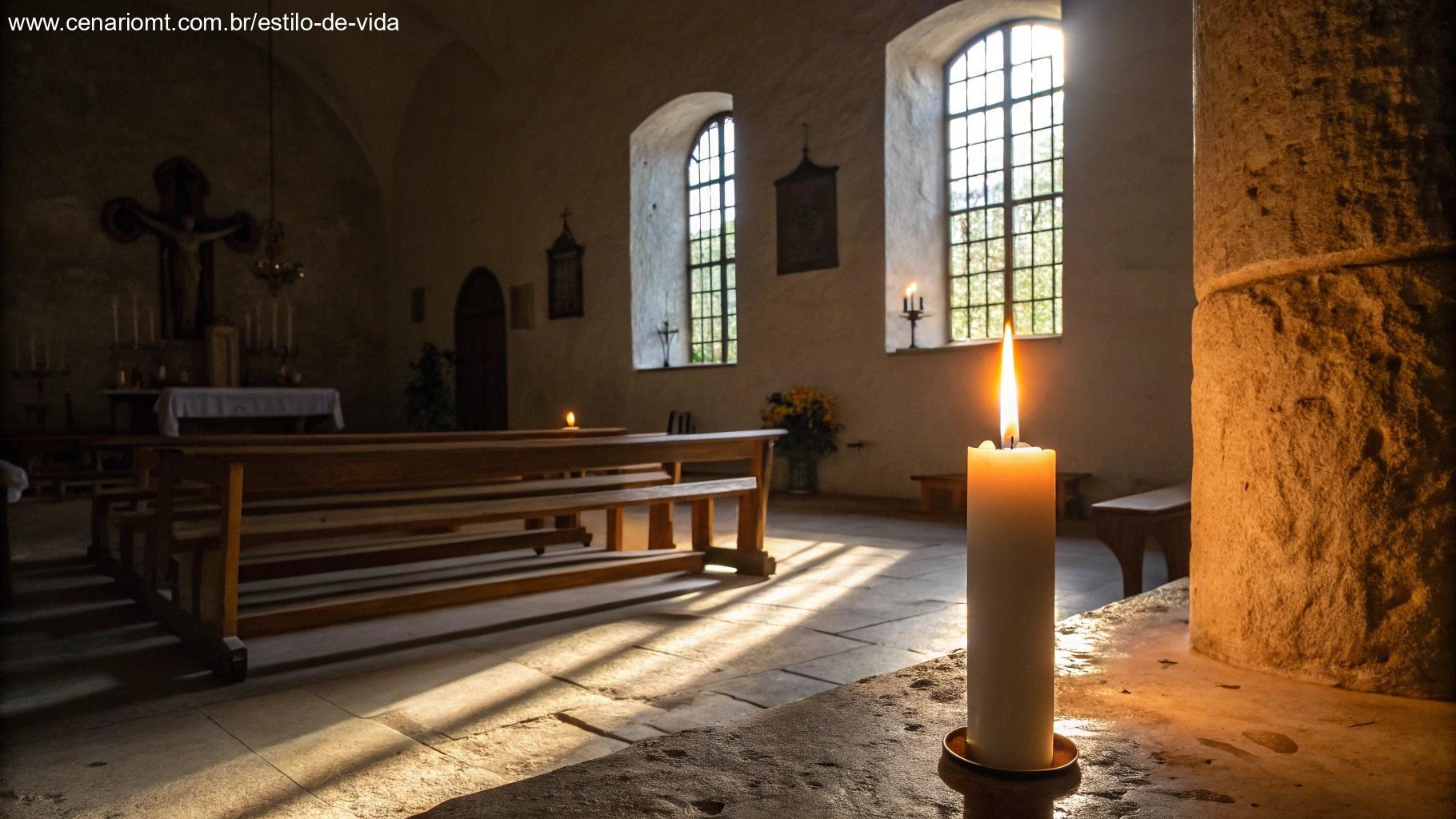 Capela silenciosa com uma vela acesa, criando um ambiente tranquilo para oração