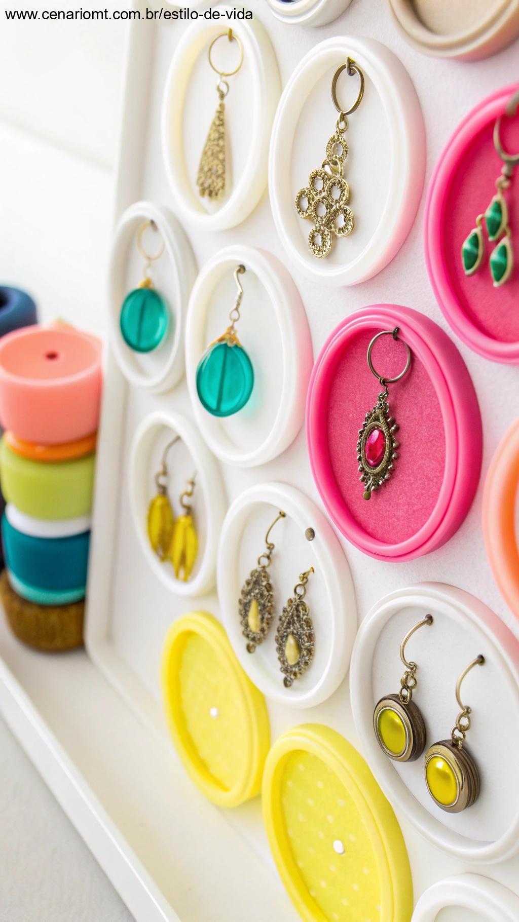 Organizador de bijuterias feito com tampas coloridas