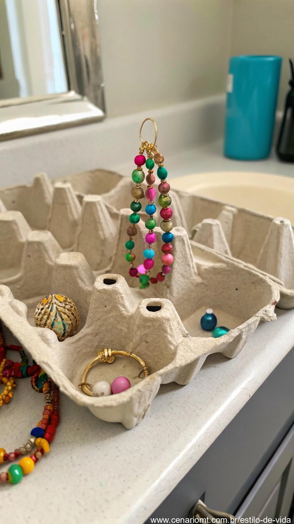 Organizador de bijuterias artesanal feito com caixas de ovos decorado com miçangas
