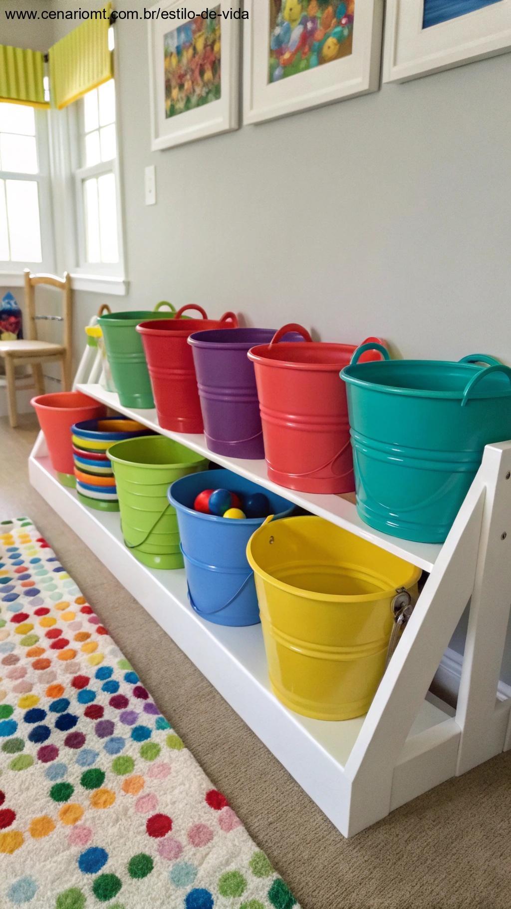 Organizador de brinquedos feito com baldes reaproveitados