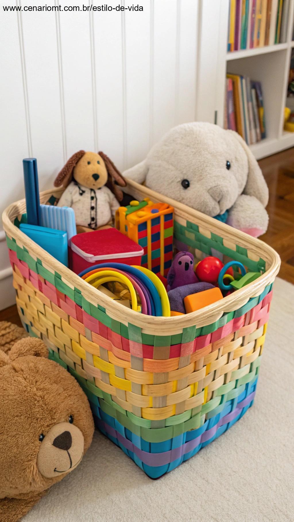 Organizador de brinquedos feito com cesto em quarto infantil