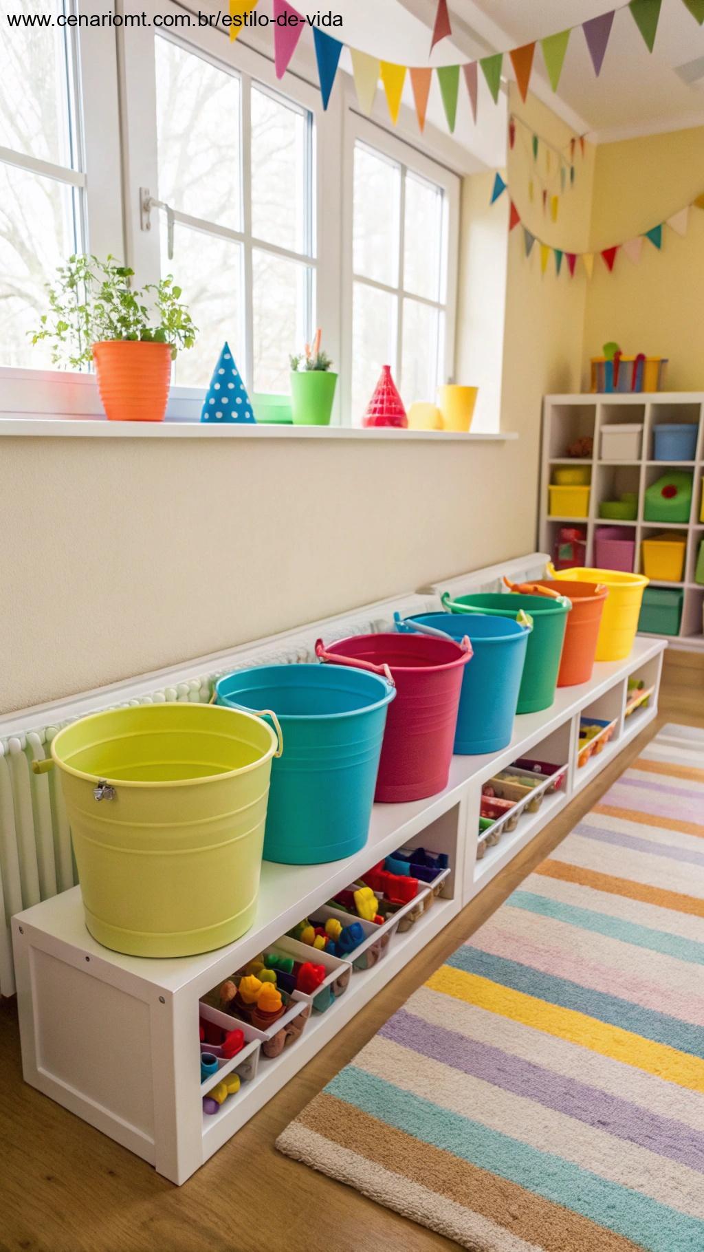 Organizador de brinquedos feito com baldes coloridos em quarto infantil