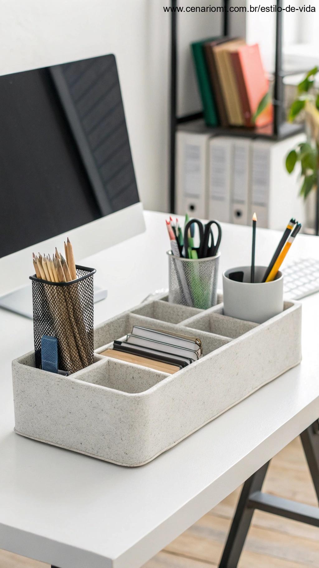 Organizador de materiais de escritório sobre mesa moderna