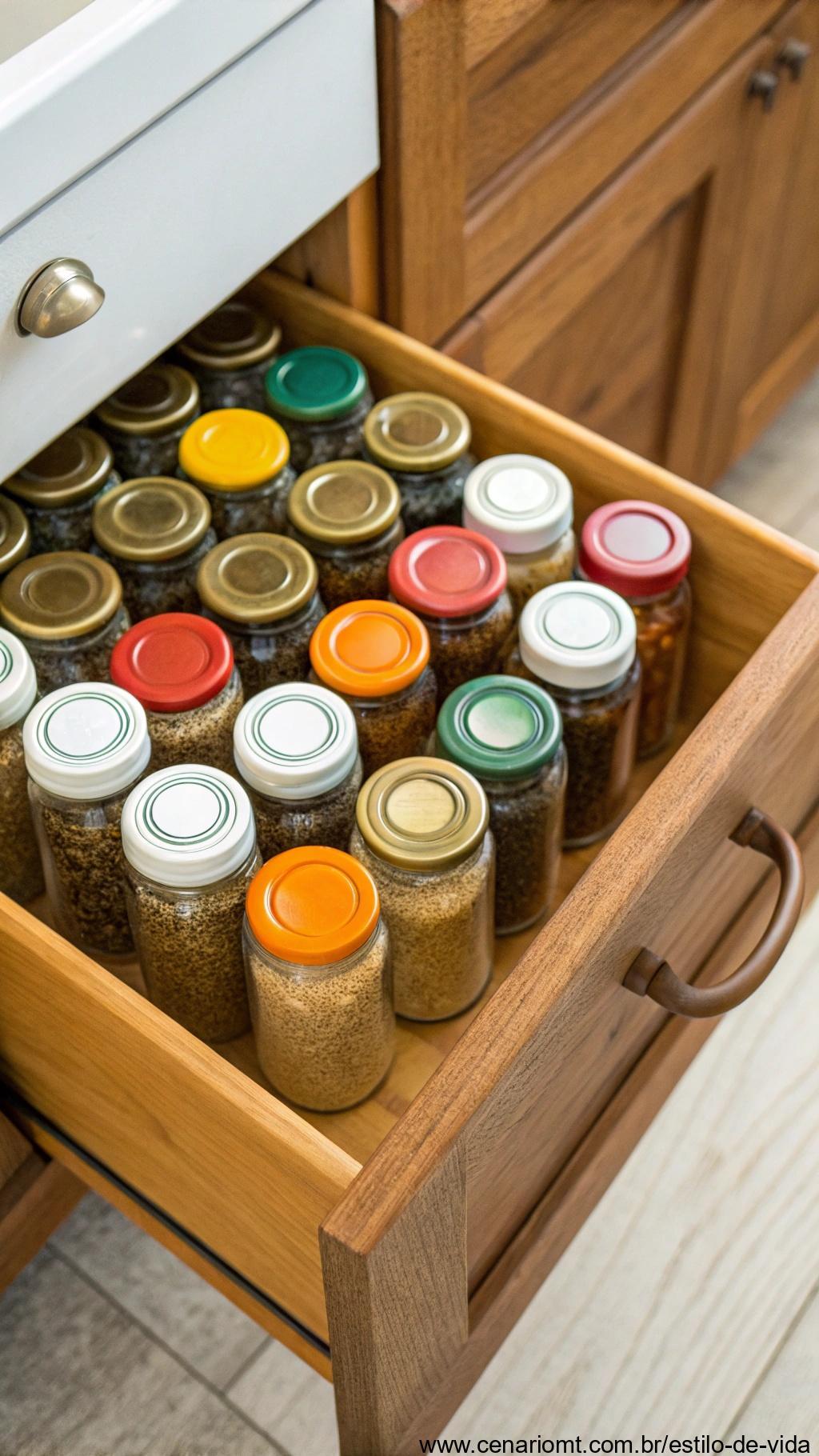 Organizador de temperos com tampas rotuladas e cores diferentes