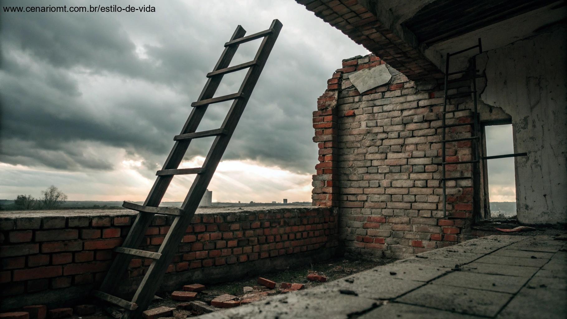 Escada quebrada apoiada em um muro de tijolos desmoronando sob céu tempestuoso
