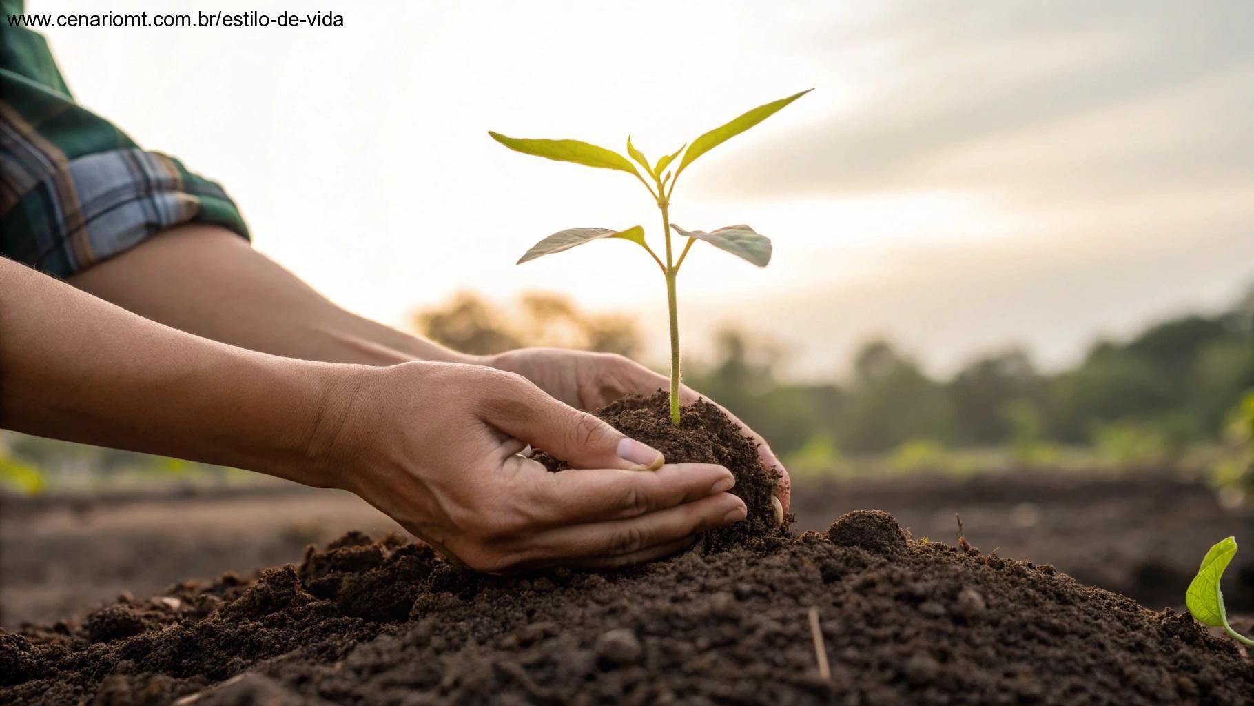 Mãos de jardineiro plantando uma muda em solo fértil com luz da manhã ao fundo