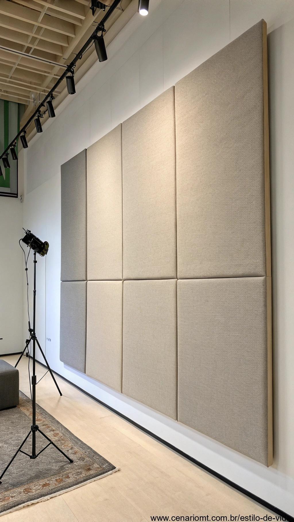 Painel acústico de tecido em cor neutra na parede