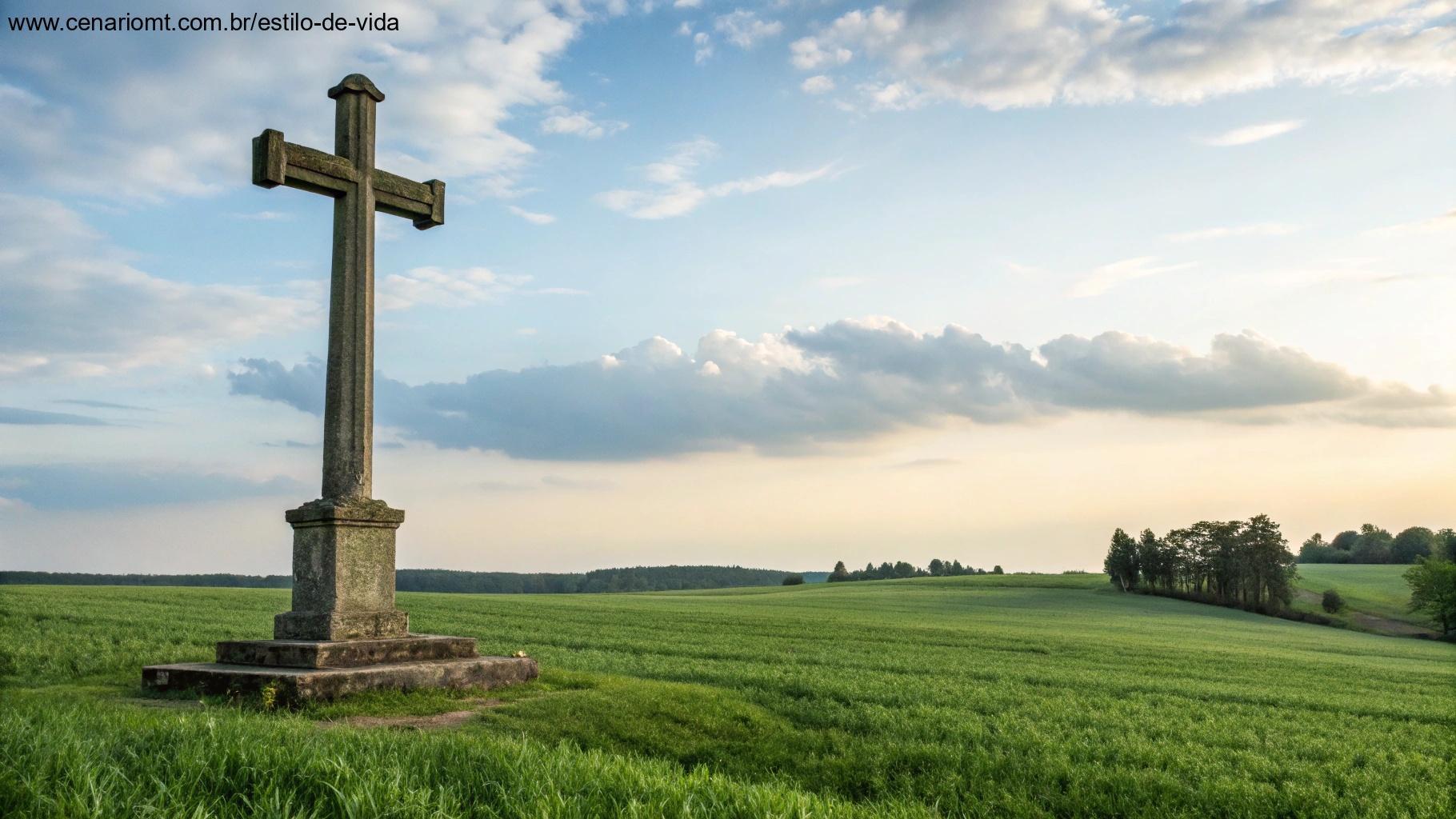 Cruz de pedra em um campo verde, com o céu azul e nuvens ao fundo.