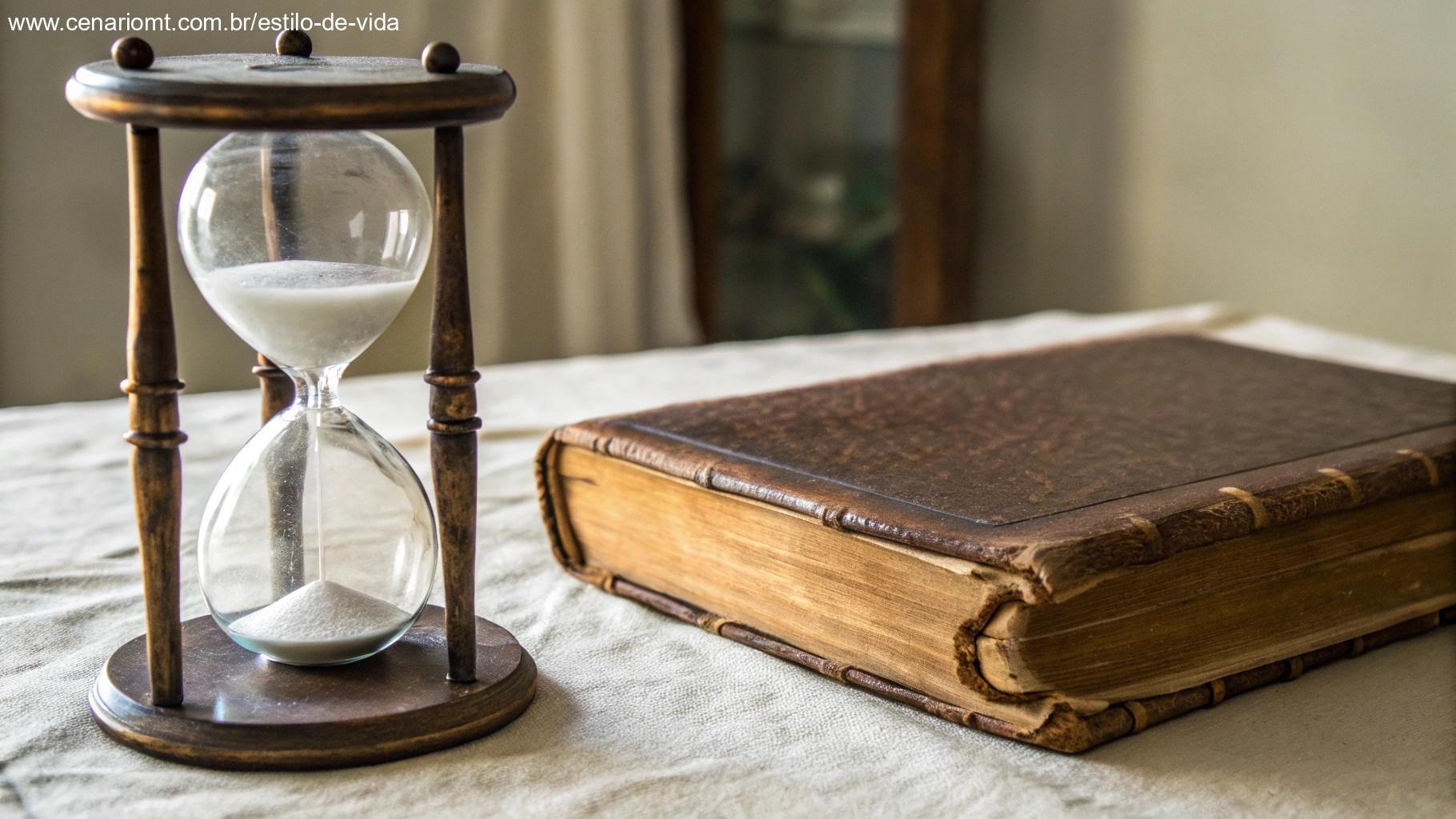 Ampulheta antiga ao lado de um livro encadernado em couro, com luz suave destacando a passagem do tempo