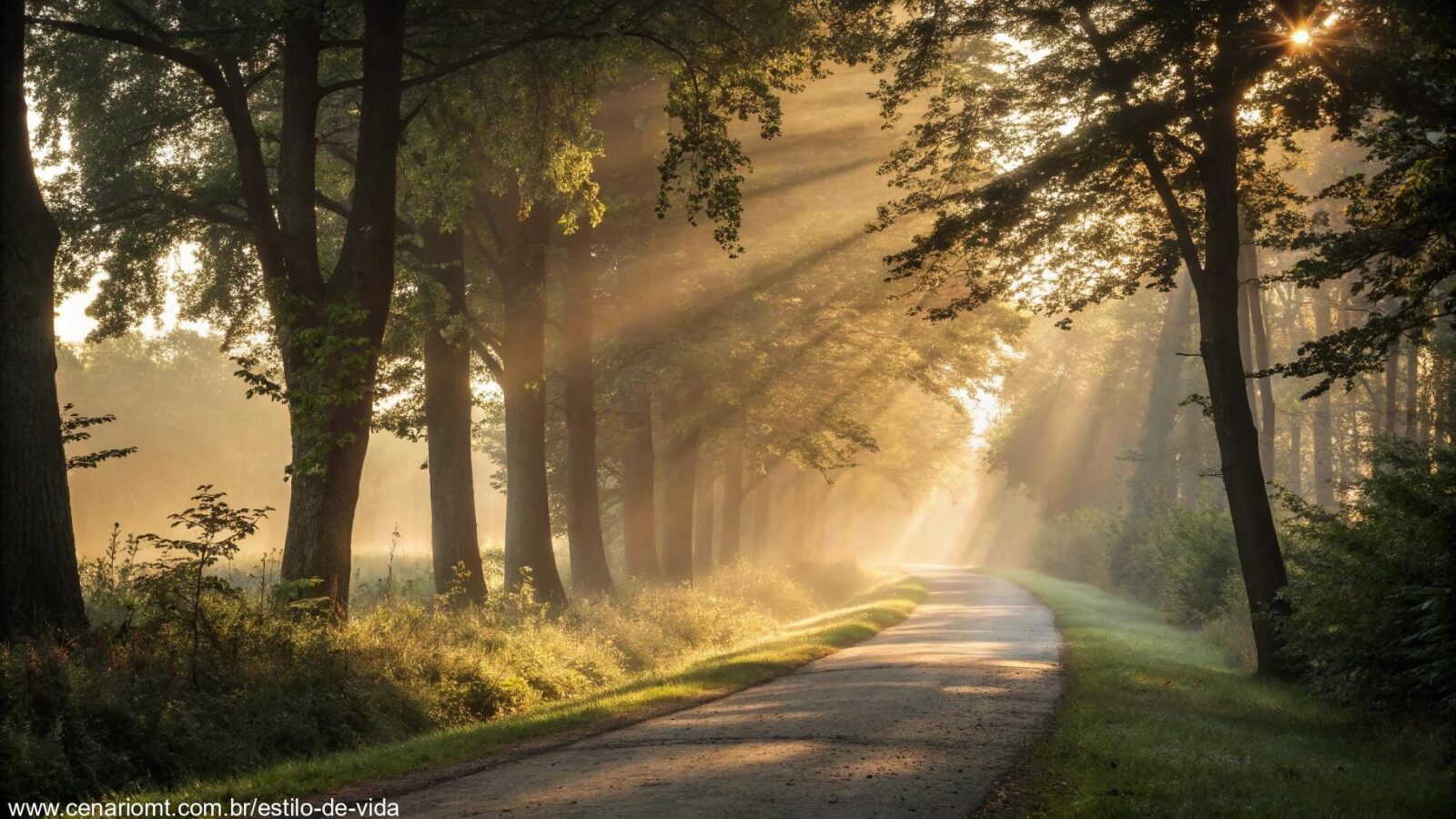 Caminho sereno em meio à floresta ao nascer do sol, transmitindo paz e direção espiritual
