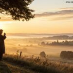 Pessoa em oração ao nascer do sol na paisagem do campo