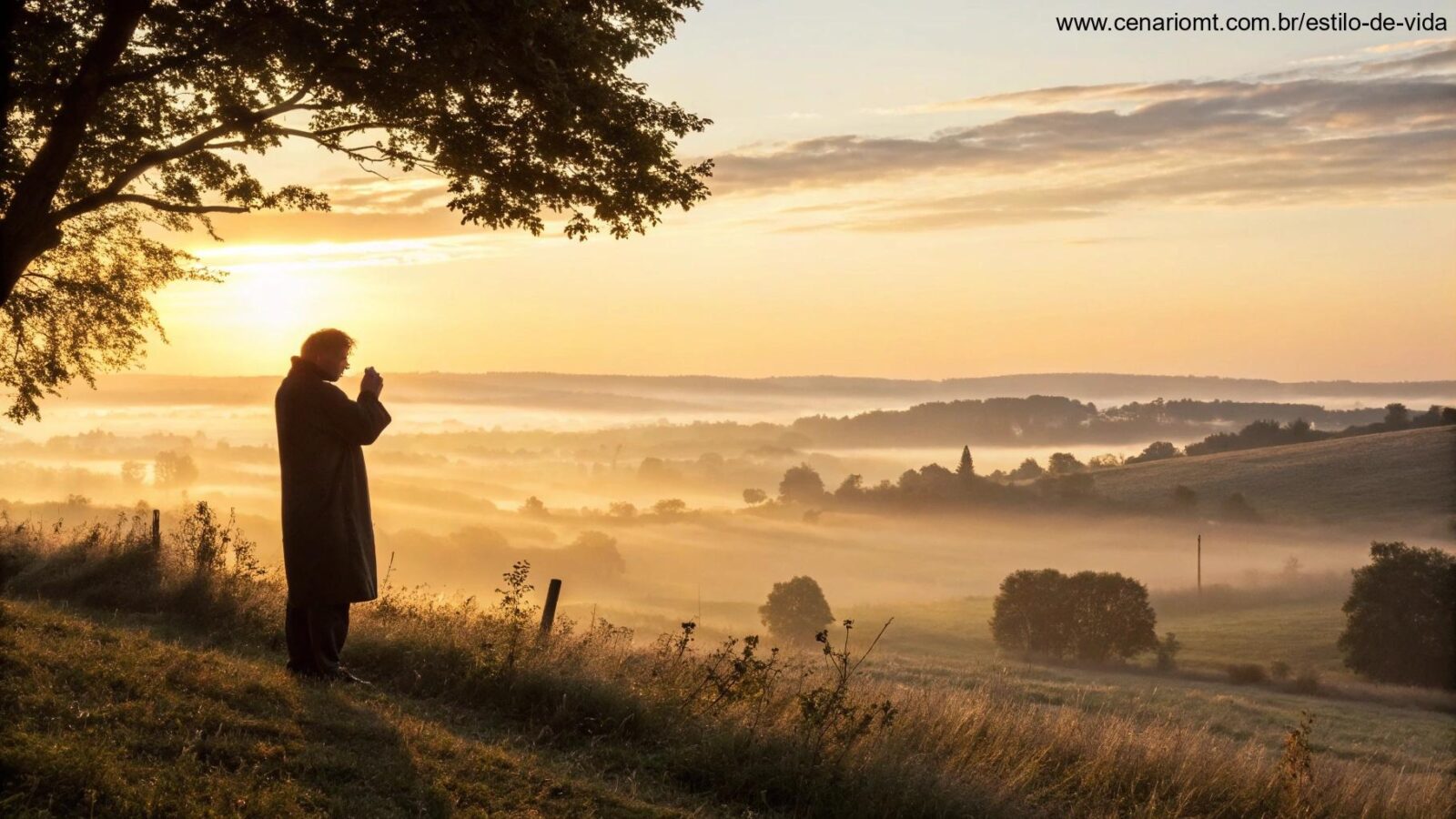 Pessoa em oração ao nascer do sol na paisagem do campo