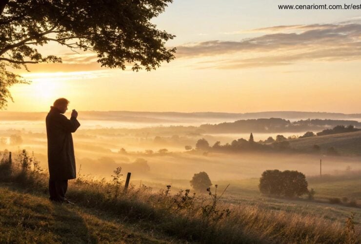 Pessoa em oração ao nascer do sol na paisagem do campo