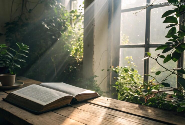 Bíblia aberta em uma manhã tranquila de domingo com luz natural