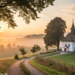 Amanhecer tranquilo com luz suave sobre uma capela no campo, representando uma reflexão tocante
