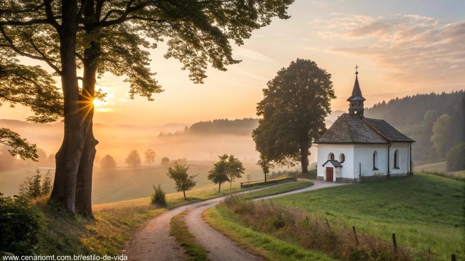Amanhecer tranquilo com luz suave sobre uma capela no campo, representando uma reflexão tocante