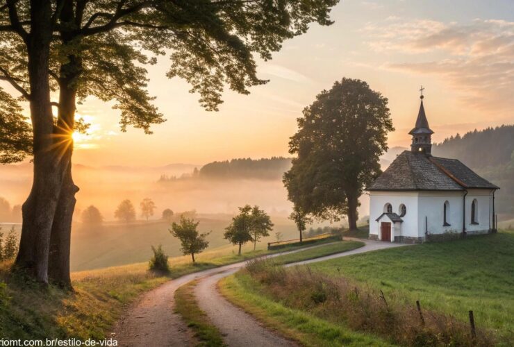 Amanhecer tranquilo com luz suave sobre uma capela no campo, representando uma reflexão tocante