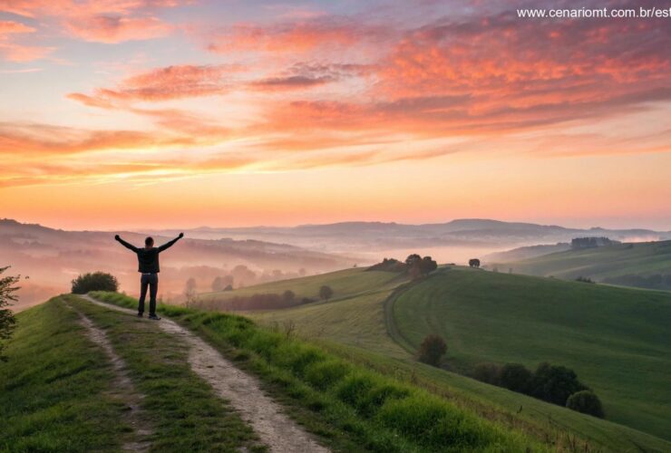 Pessoa contemplando o nascer do sol em busca de direção e paz