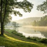 Pessoa em paz sentada à beira de um lago ao amanhecer em meio à natureza