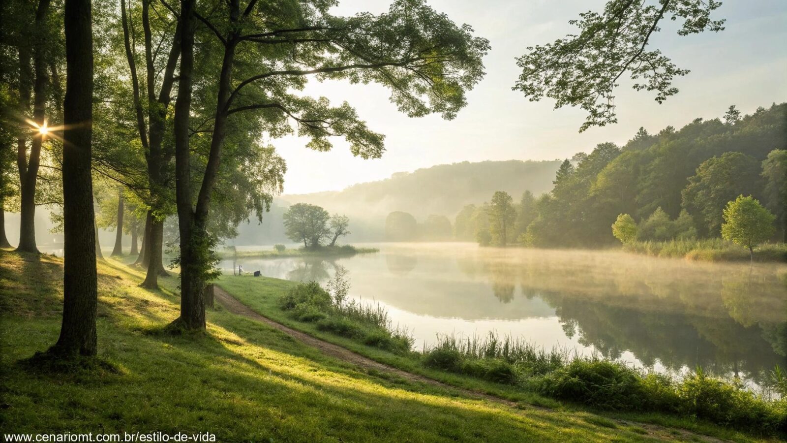 Pessoa em paz sentada à beira de um lago ao amanhecer em meio à natureza