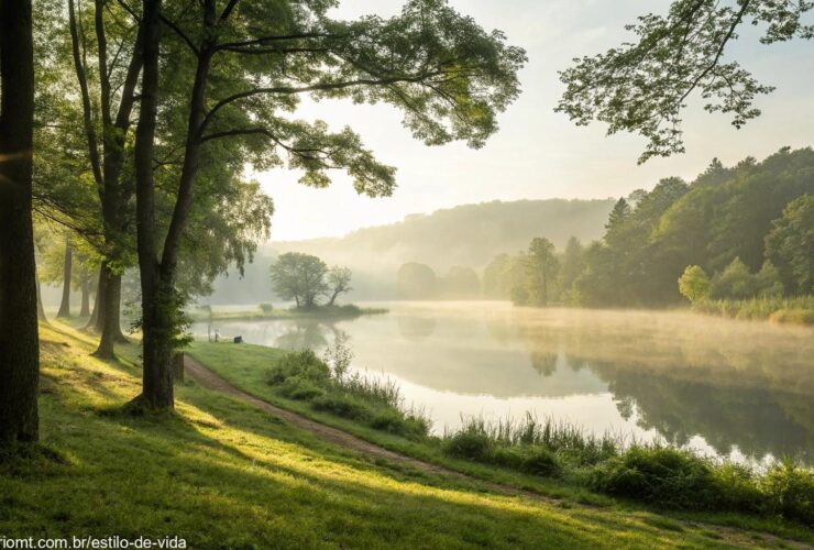 Pessoa em paz sentada à beira de um lago ao amanhecer em meio à natureza