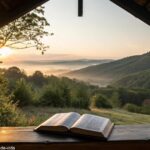 Bíblia aberta em uma mesa ao amanhecer em cenário campestre tranquilo