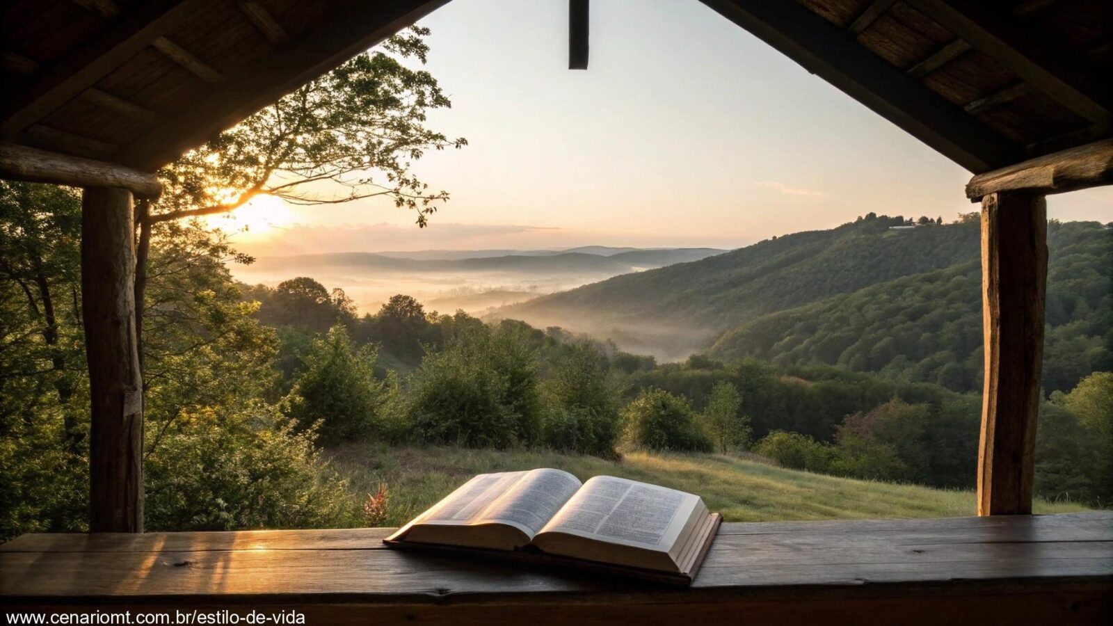 Bíblia aberta em uma mesa ao amanhecer em cenário campestre tranquilo