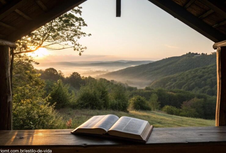 Bíblia aberta em uma mesa ao amanhecer em cenário campestre tranquilo