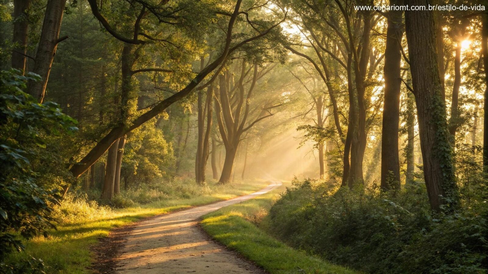 Caminho sereno em uma floresta exuberante com luz solar dourada filtrando entre as árvores
