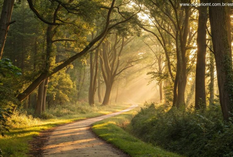 Caminho sereno em uma floresta exuberante com luz solar dourada filtrando entre as árvores