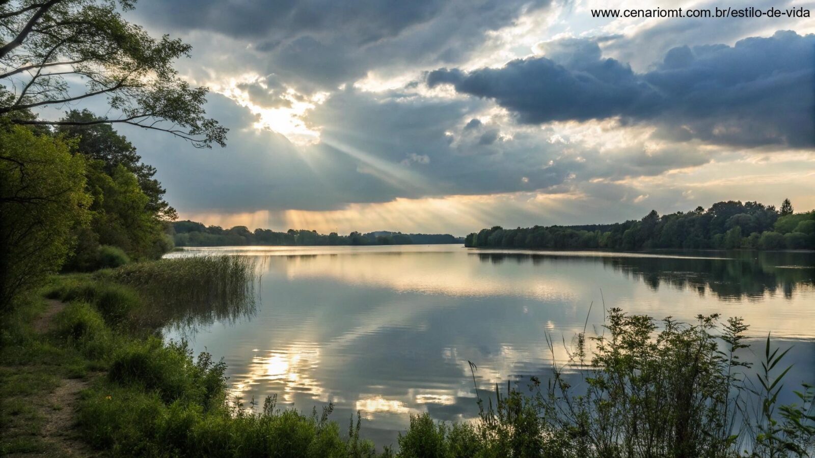 Paisagem tranquila com luz suave atravessando as nuvens sobre um lago sereno.