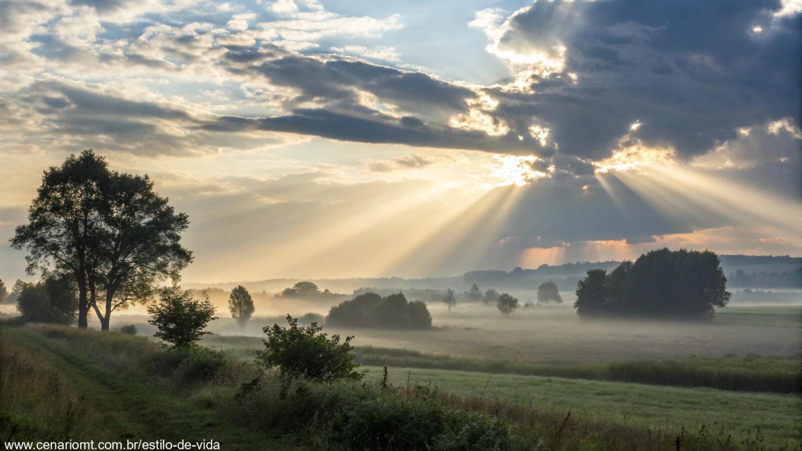 Imagem de uma paisagem serena, com raios de luz irradiando através das nuvens, simbolizando reflexão e crescimento espiritual.